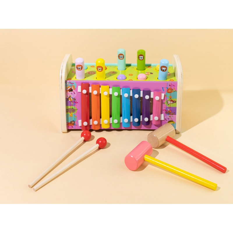 Medinis žaislas 3 in 1, lavinamasis spalvotas medinis beldikas vaikams