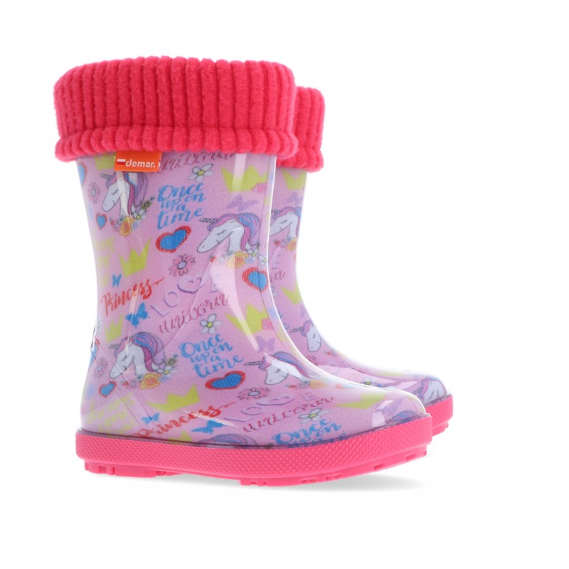 Rožiniai su vienaragiais Demar vaikiški guminiai batai su pašiltinimu.